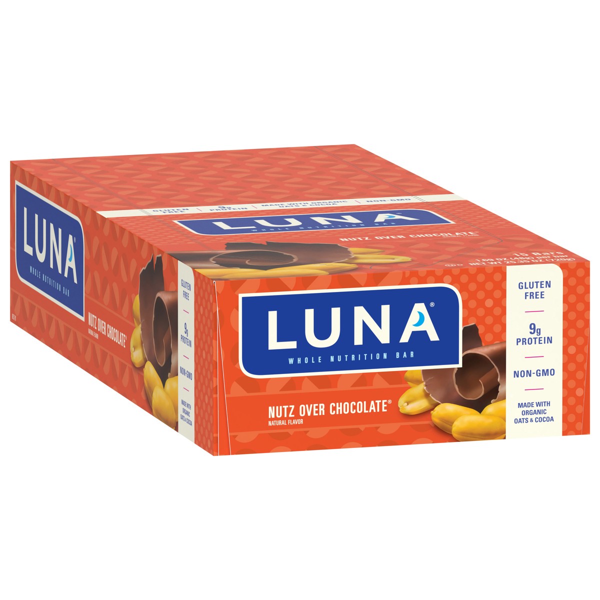 slide 10 of 12, LUNA Bar - Nutz Over Chocolate Flavor - Gluten-Free - Non-GMO - 7-9g Protein - Made with Organic Oats - Low Glycemic - Whole Nutrition Snack Bars - 1.69 oz. (15 Count), 25.35 oz