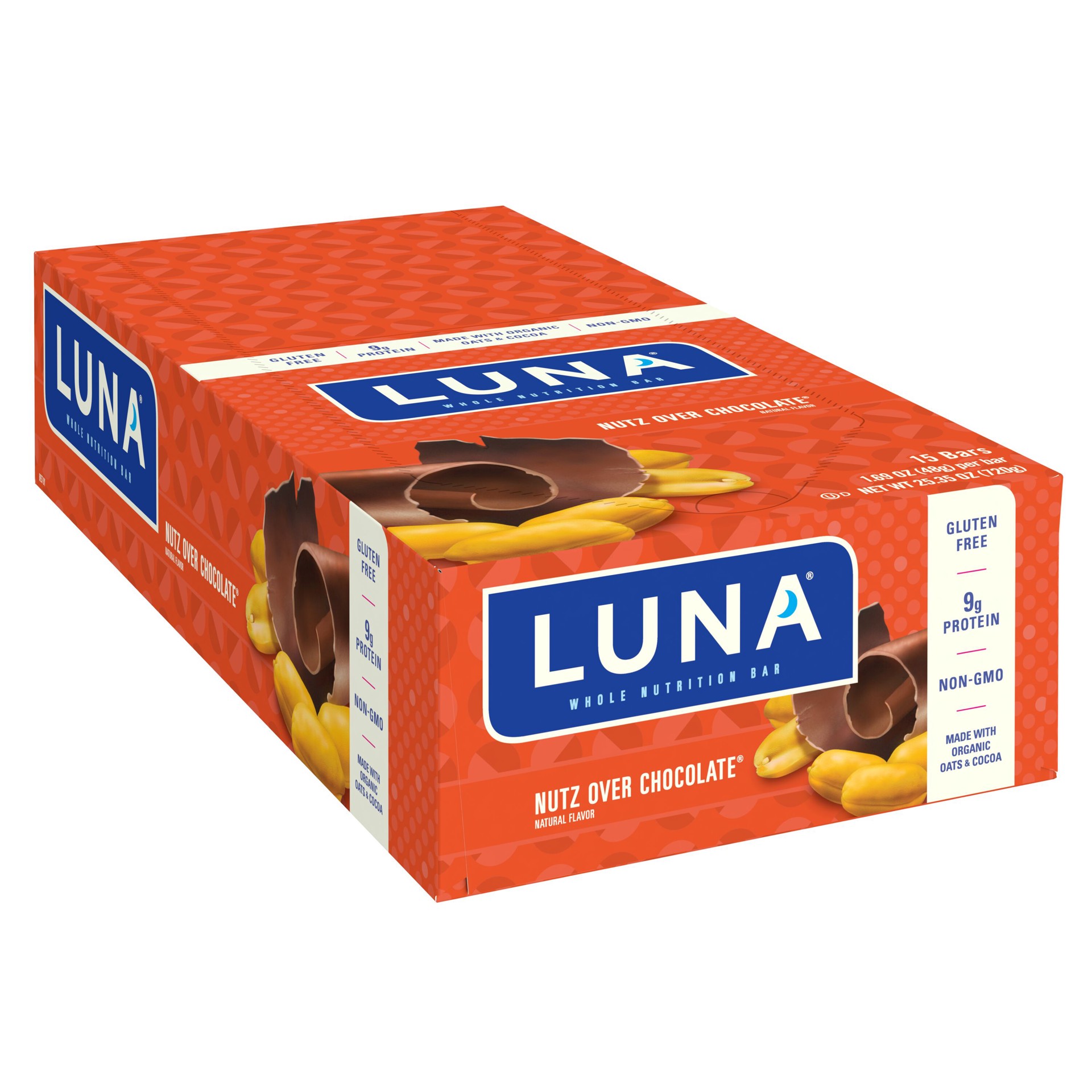 slide 1 of 12, LUNA Bar - Nutz Over Chocolate Flavor - Gluten-Free - Non-GMO - 7-9g Protein - Made with Organic Oats - Low Glycemic - Whole Nutrition Snack Bars - 1.69 oz. (15 Count), 25.35 oz