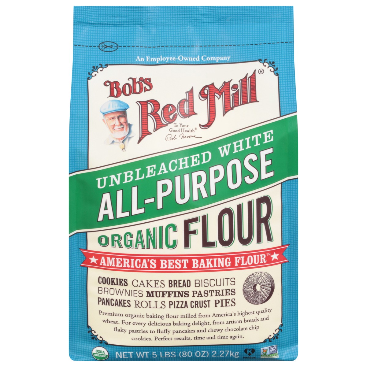 slide 1 of 9, Bob's Red Mill Unbleached White Organic All-Purpose Flour 80 oz, 5 lb