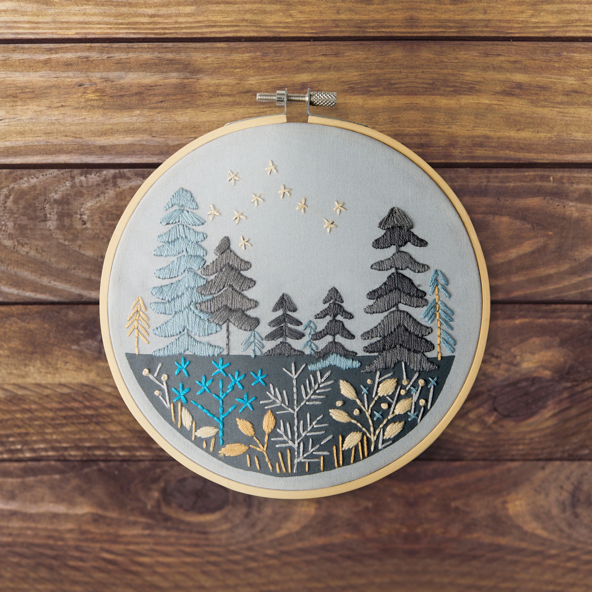slide 3 of 4, 6" Night Trees Stamped Design Embroidery Kit With Hoop By Loops & Threads, 6 in