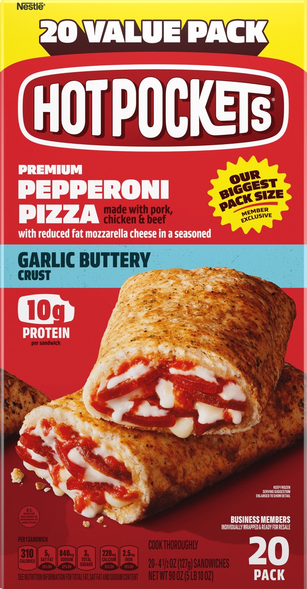 slide 7 of 13, Hot Pockets Pepperoni Pizza, Italian Style Crust, Frozen Snack, 20 Value Pack, 90 oz