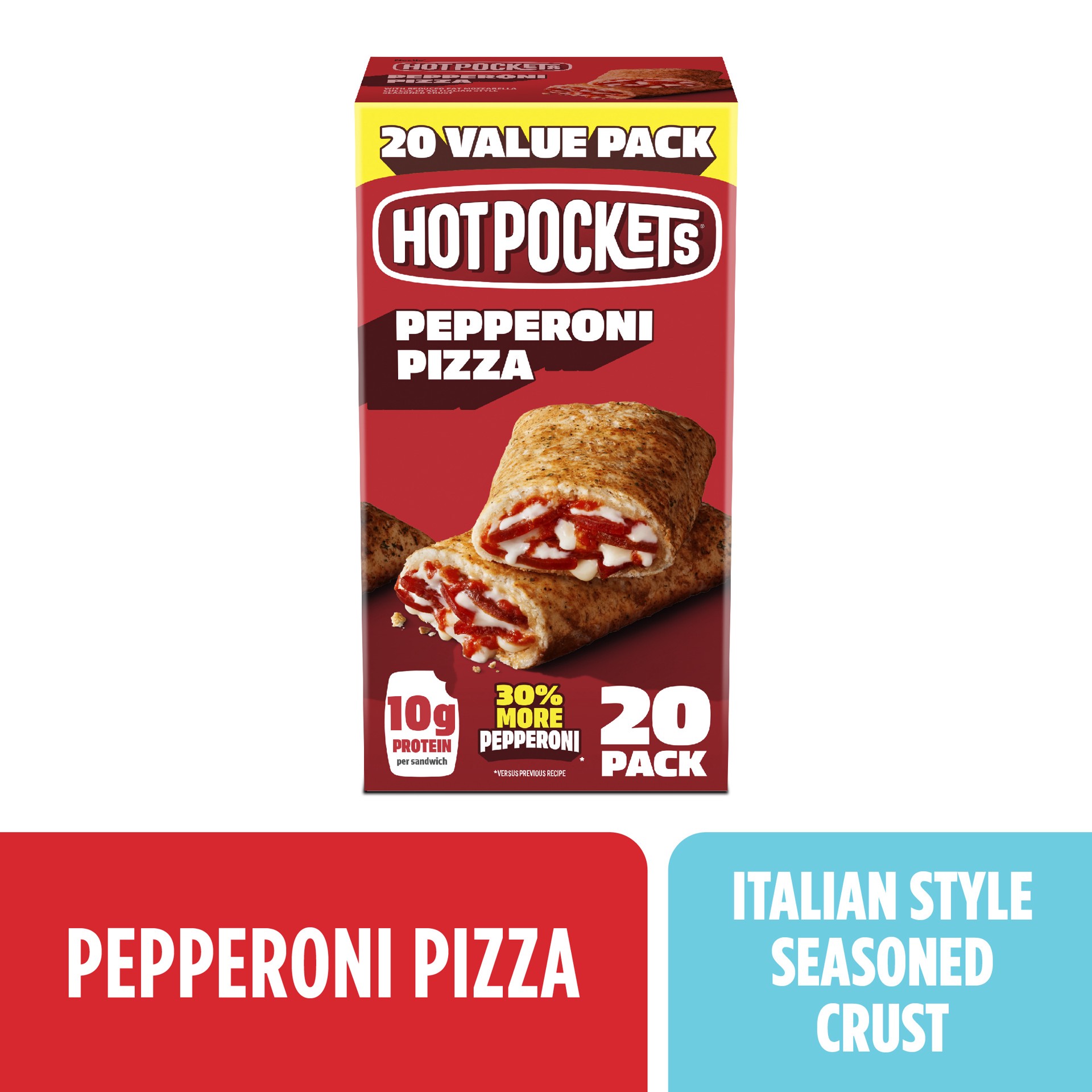 slide 1 of 13, Hot Pockets Pepperoni Pizza, Italian Style Crust, Frozen Snack, 20 Value Pack, 90 oz