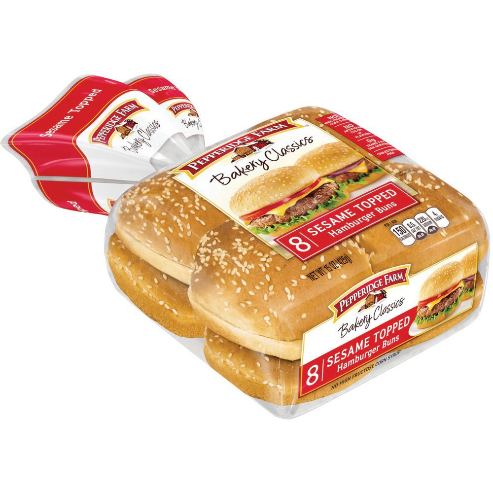 slide 83 of 125, Pepperidge Farm Sesame Topped Hamburger Buns, 8-Pack Bag, 15 oz