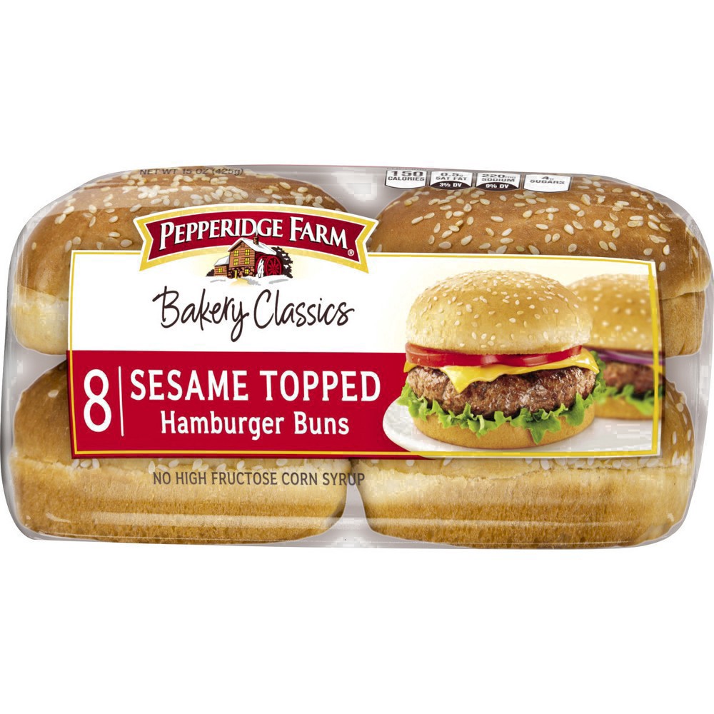 slide 10 of 125, Pepperidge Farm Sesame Topped Hamburger Buns, 8-Pack Bag, 15 oz