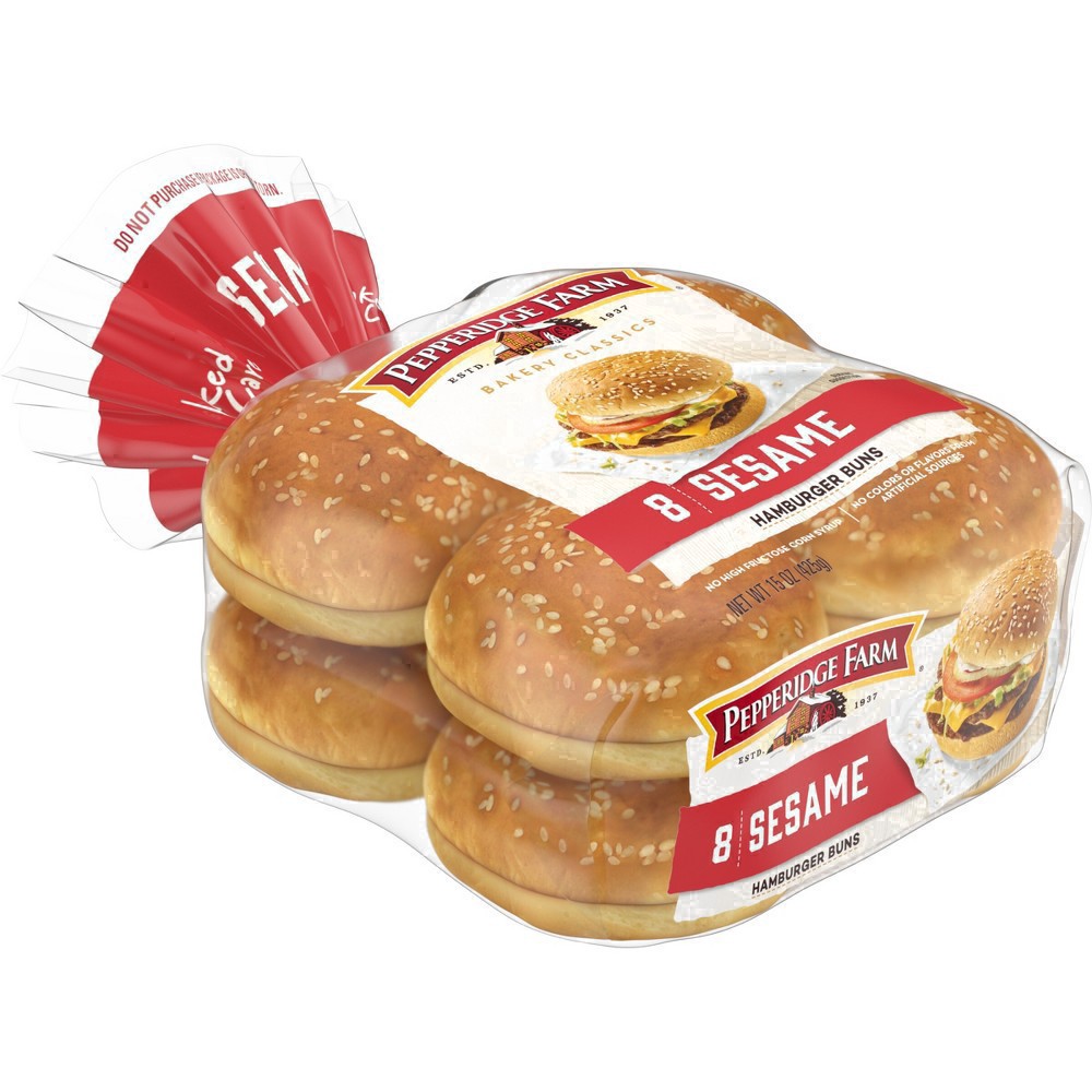 slide 89 of 125, Pepperidge Farm Sesame Topped Hamburger Buns, 8-Pack Bag, 15 oz