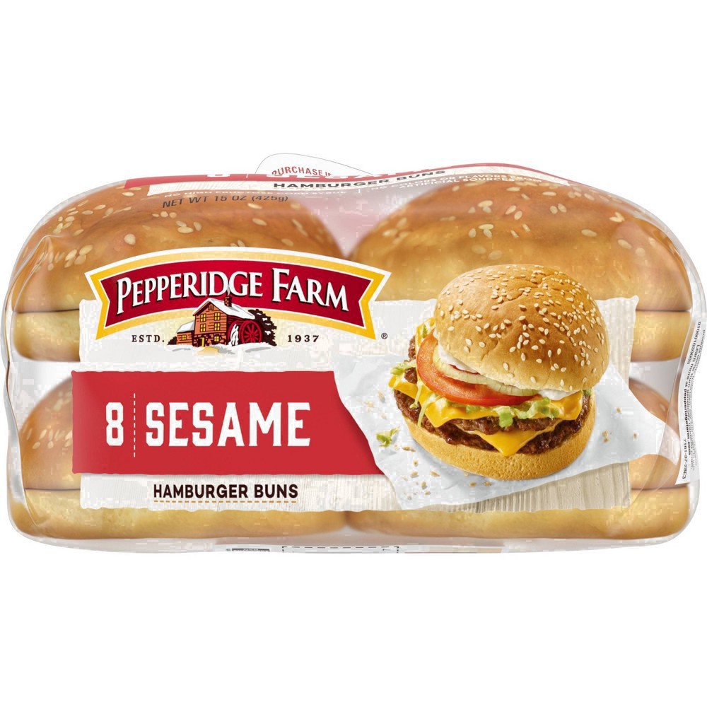 slide 90 of 125, Pepperidge Farm Sesame Topped Hamburger Buns, 8-Pack Bag, 15 oz