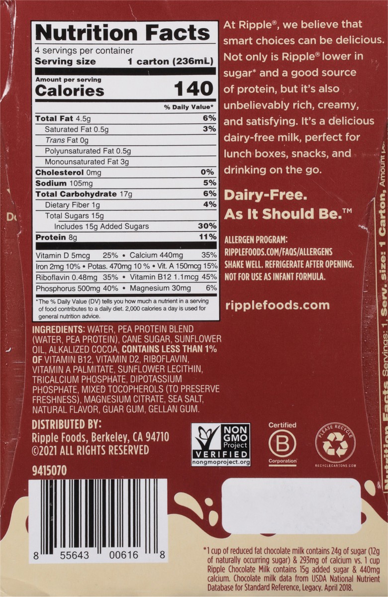 slide 5 of 9, Ripple Dairy Free Chocolate Milk, 4 ct; 8 fl oz