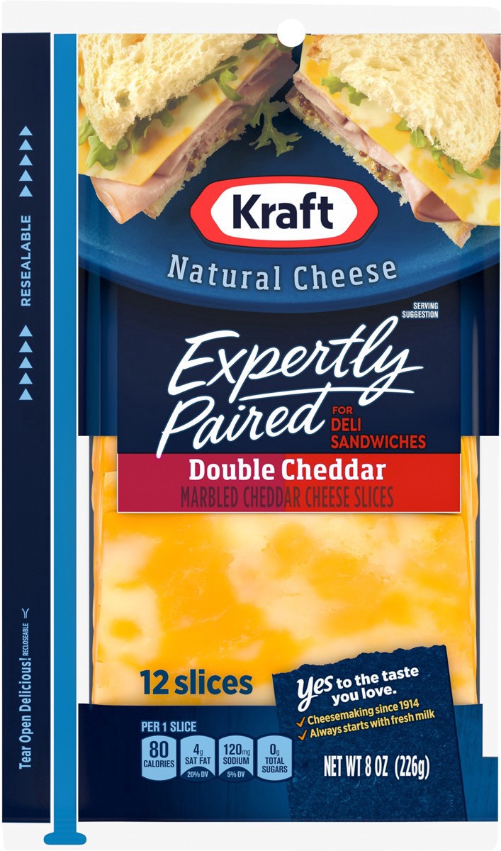 slide 10 of 14, Kraft Expertly Paired Double Cheddar Cheese Slices for Deli Sandwiches, 12 ct Pack, 12 ct