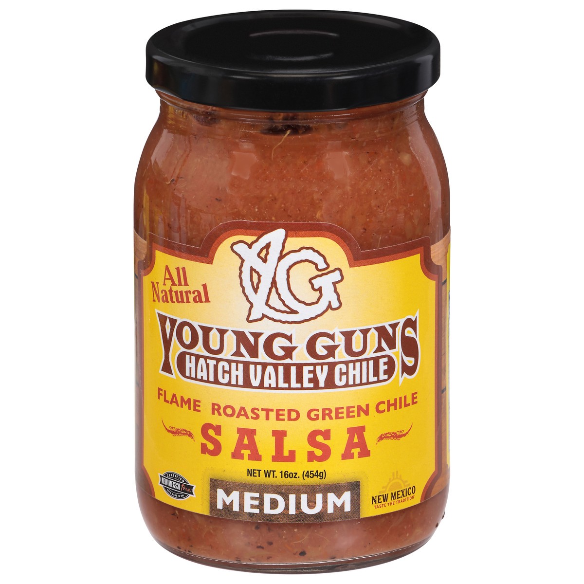 slide 6 of 13, Young Guns Medium Flame Roasted Green Chile Salsa 16 oz, 16 oz