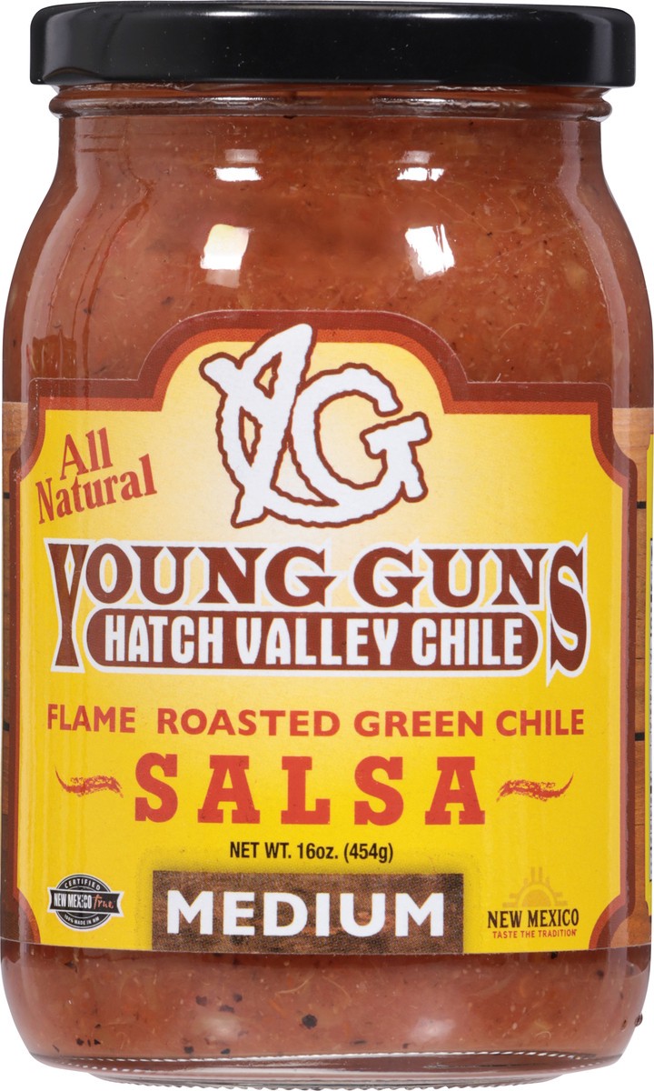 slide 8 of 13, Young Guns Medium Flame Roasted Green Chile Salsa 16 oz, 16 oz