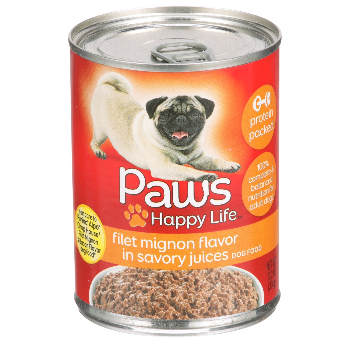 slide 1 of 9, Paws Happy Life Filet Mignon Flavor In Savory Juices Dog Food, 13.2 oz