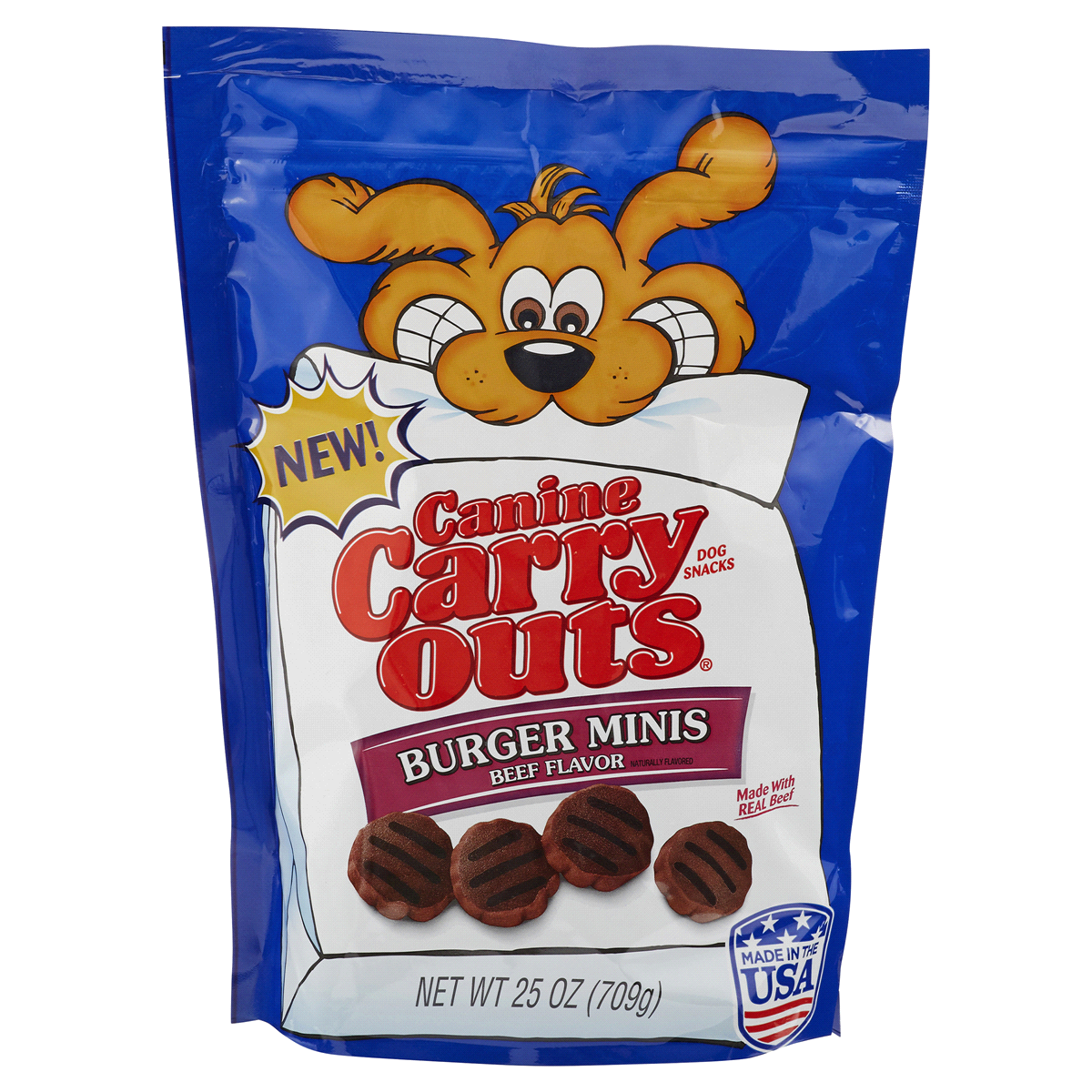 slide 1 of 1, Canine Carry Outs Burger Minis Beef Flavor Dog Snacks, 25 oz