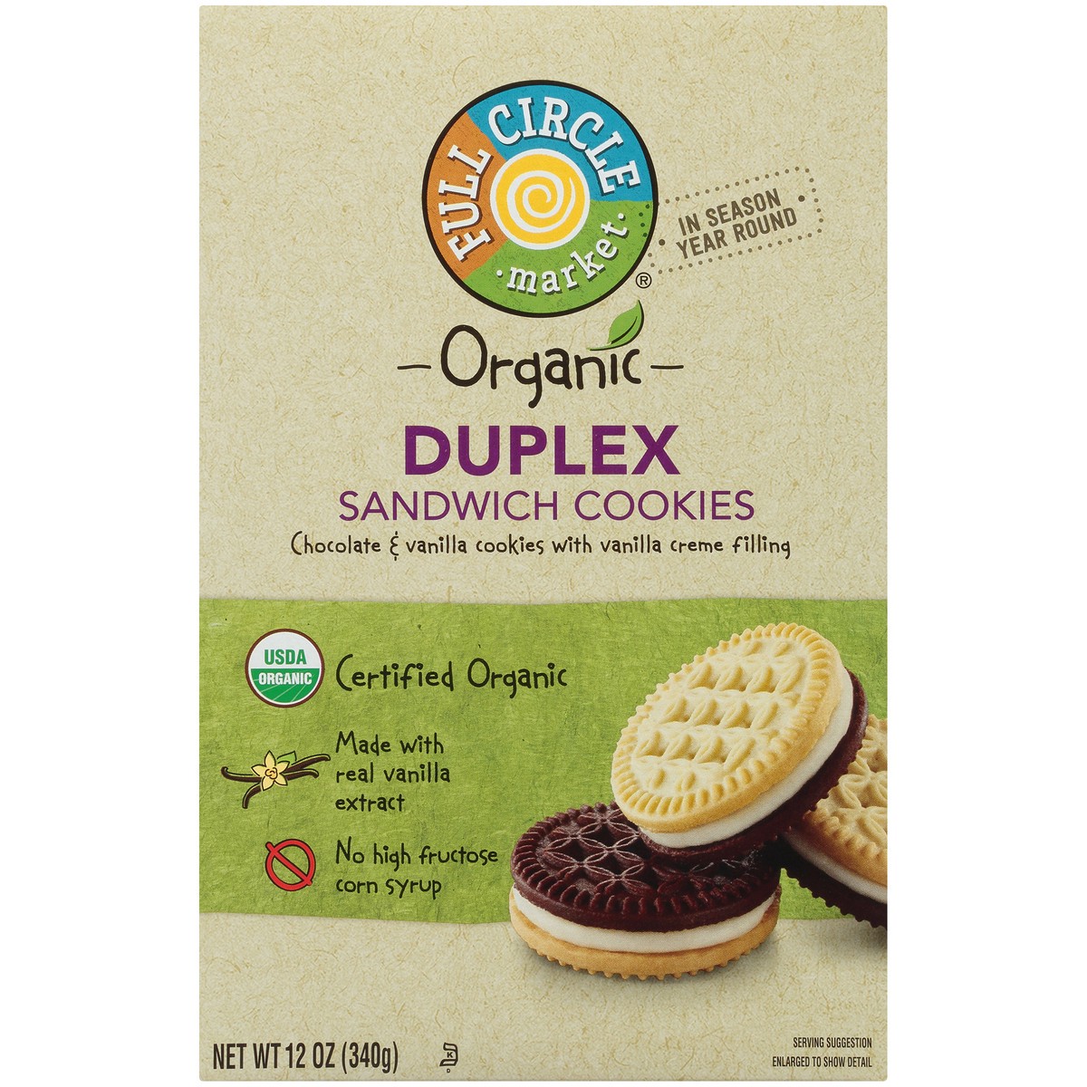 slide 6 of 9, Full Circle Market Chocolate & Vanilla Duplex Sandwich Cookies With Vanilla Creme Filling, 12 oz