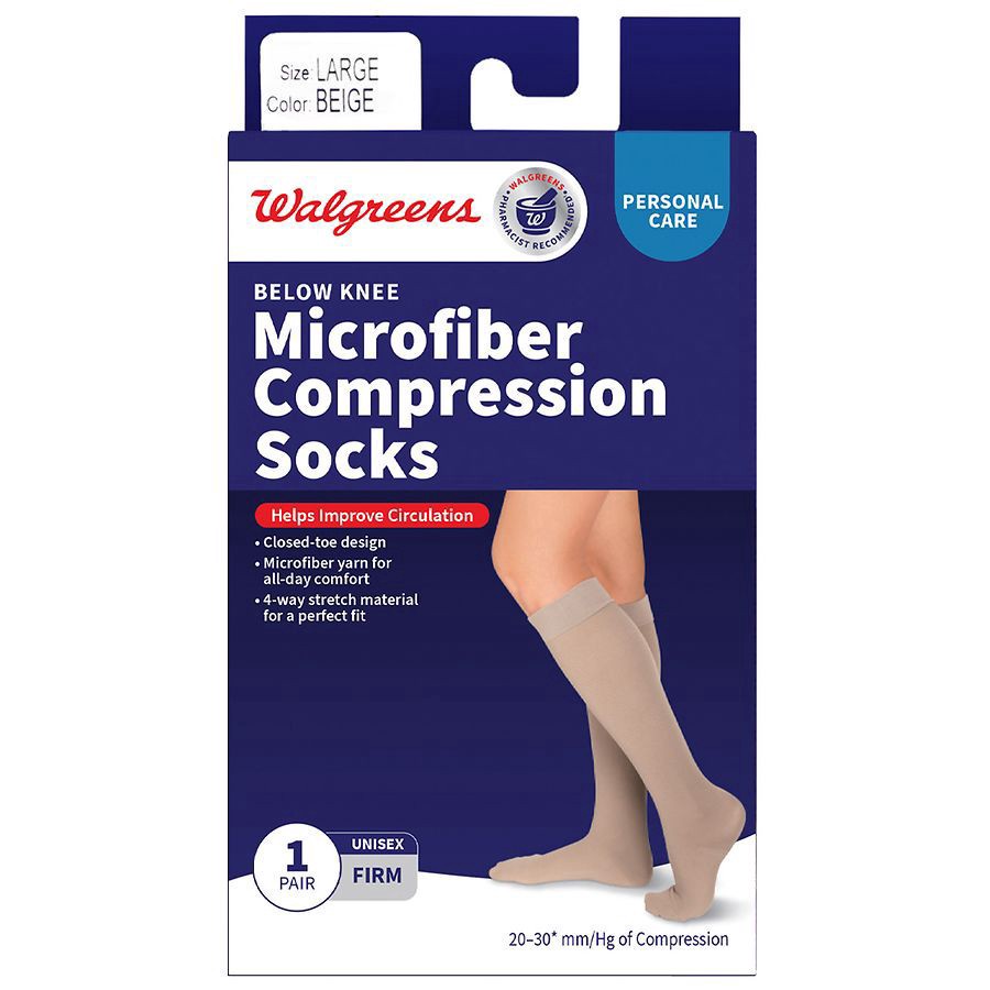 slide 1 of 5, Walgreens Microfiber Compression Socks, Knee High Beige, LG