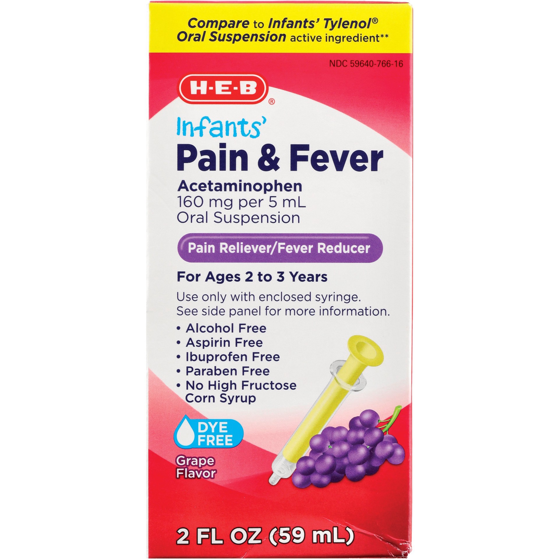 slide 1 of 1, H-E-B Infants' Pain & Fever Oral Suspension - Grape, 2 oz