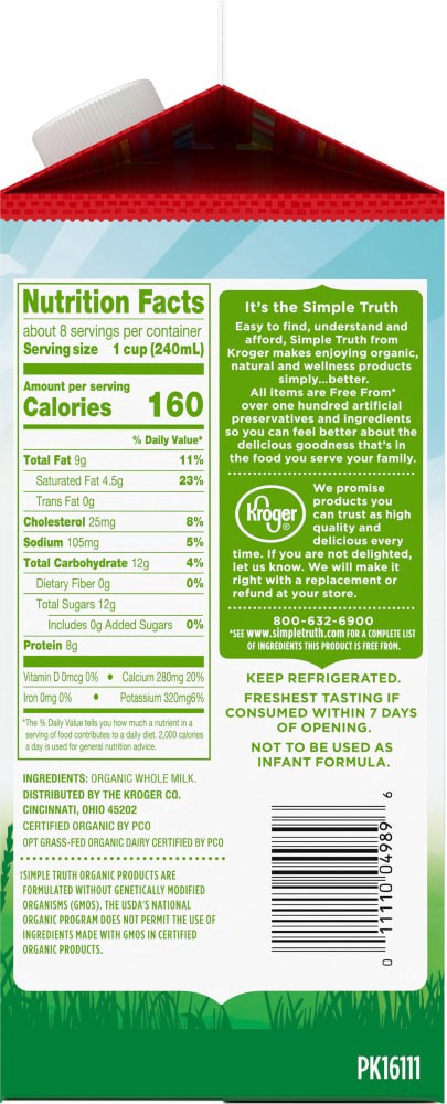 slide 3 of 6, Simple Truth Organic Whole Milk 100% Grass-Fed, 1/2 gal