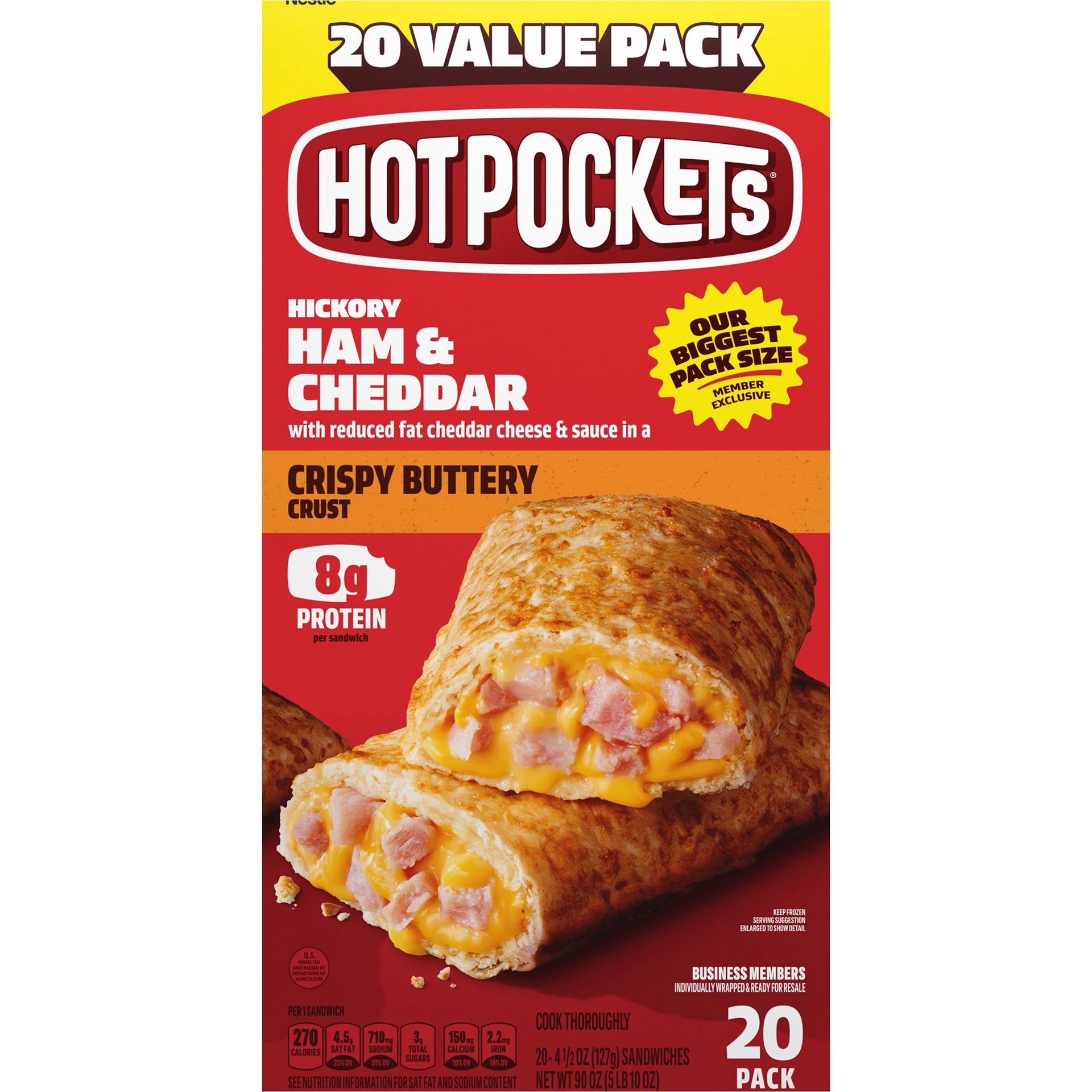 slide 1 of 2, Hot Pockets Hickory Ham and Cheddar Frozen Snacks in a Crispy Buttery Crust, Frozen Ham and Cheese Sandwiches Made with Cheddar Cheese, 20 Count Frozen Sandwiches, 5.62 lb