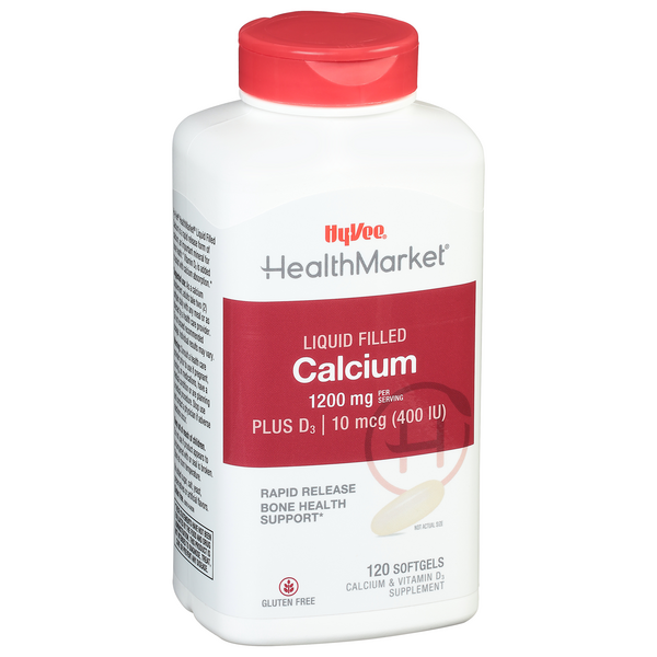 slide 1 of 1, Hy-Vee HealthMarket Liquid Filled Calcium 600 +D Dietary Supplement Softgels, 120 ct