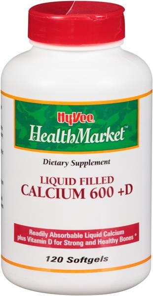 slide 1 of 1, Hy-Vee HealthMarket Liquid Filled Calcium 600 +D Dietary Supplement Softgels, 120 ct