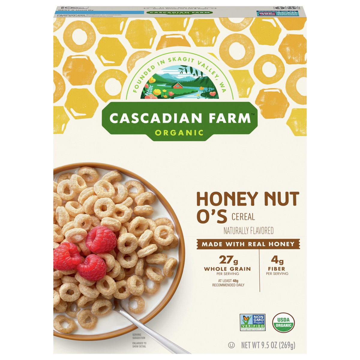 slide 1 of 9, Cascadian Farm Organic Honey Nut O's Cereal, 9.5 oz