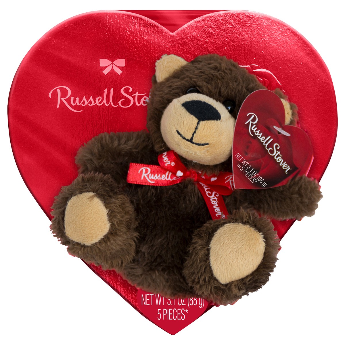 slide 1 of 1, RUSSELL STOVER Valentine's Day Plush Bear with Red Foil Heart Assorted Milk & Dark Chocolate Gift Box, 3.1 oz. (5 pieces), 5 ct