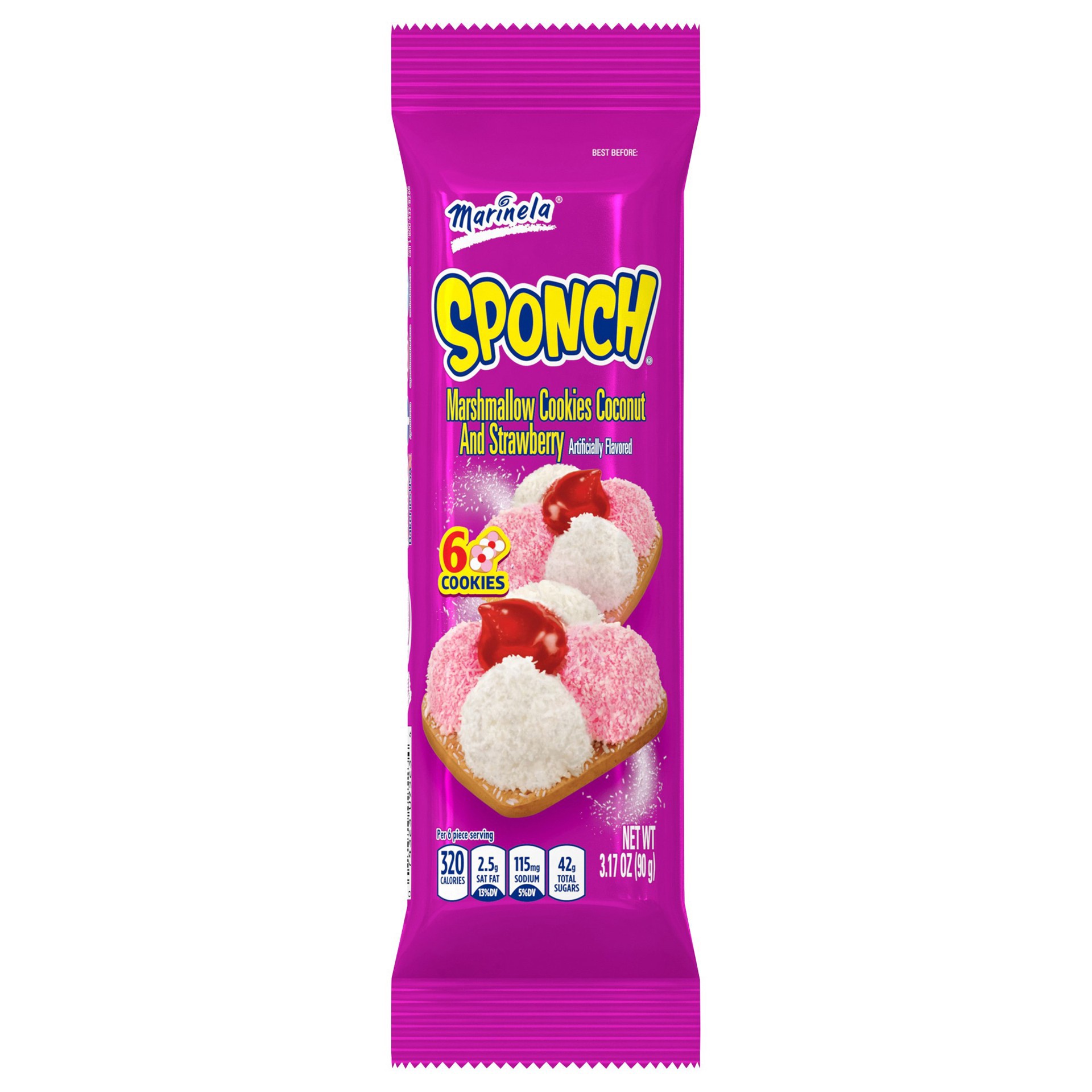 slide 1 of 1, Marinela Sponch Coconut and Strawberry Marshmallow Cookies, 6 count, 3.17 oz, 6 ct