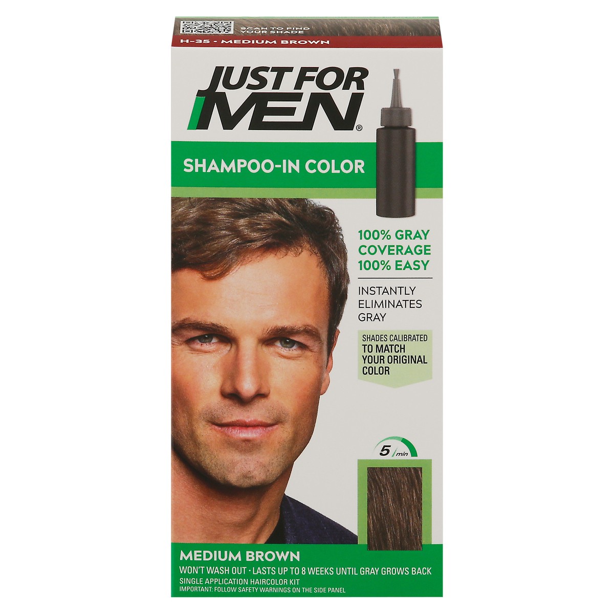 slide 1 of 1, Just for Men Shampoo-In Color Gray Hair Coloring for Men - Medium Brown 35, 1 ct