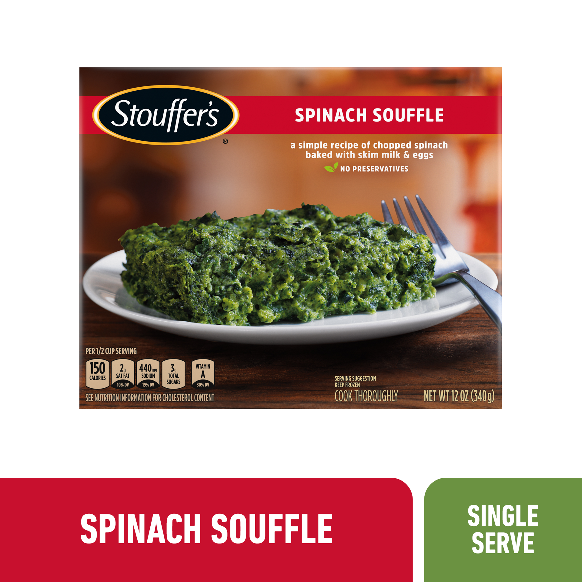 slide 1 of 14, Stouffer's Spinach Souffle Frozen Side Dish, 12 oz