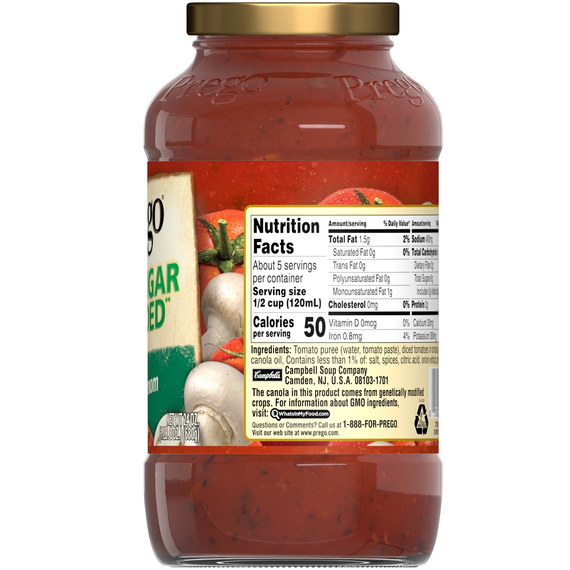 slide 5 of 5, Prego No Sugar Added Pasta Sauce, Traditional Italian Tomato Sauce with Mushrooms, 24 Ounce Jar, 24 oz