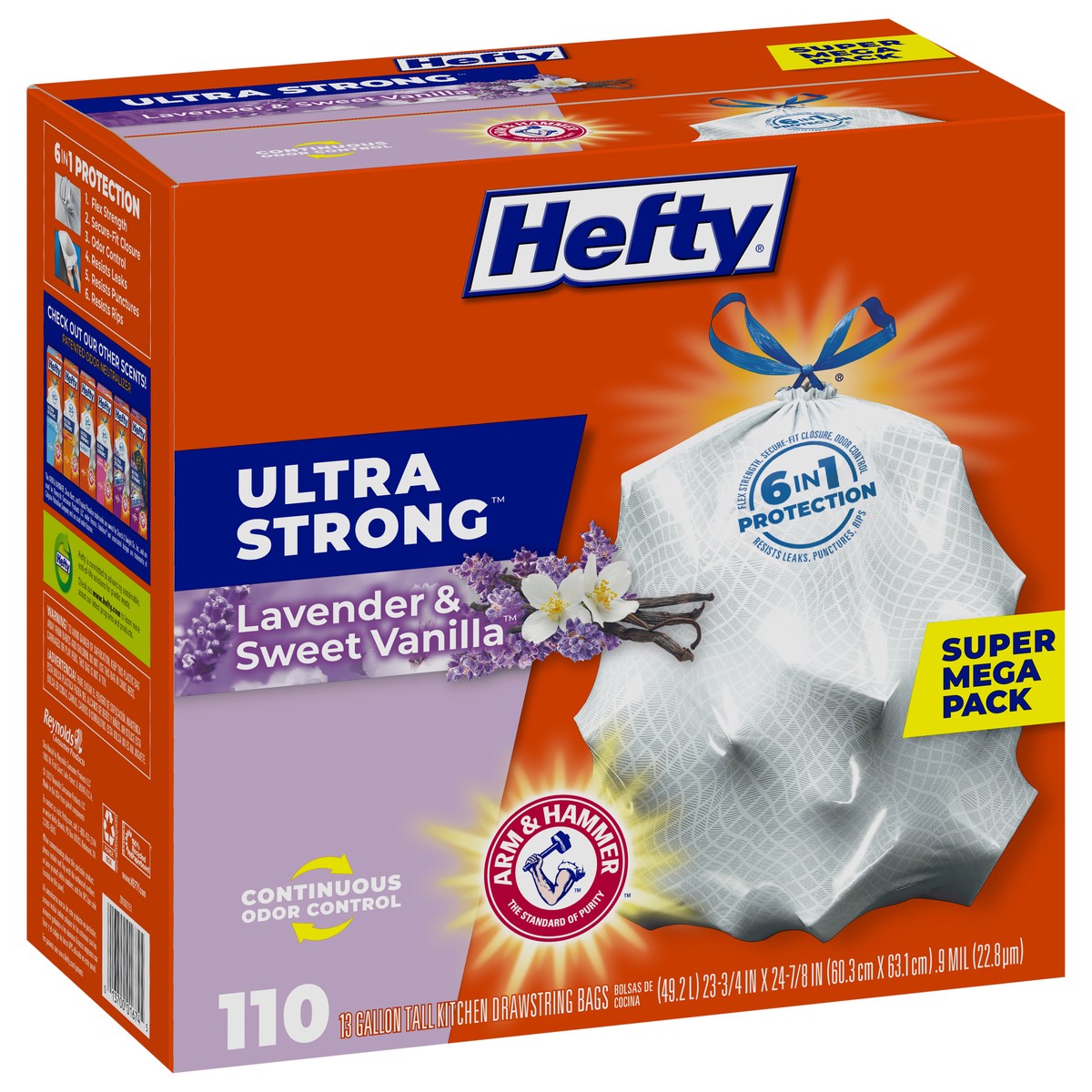 slide 4 of 9, Hefty Ultra Strong 13 Gallons Drawstring Lavender & Sweet Vanilla Tall Kitchen Bags Super Mega Pack 110 ea, 110 ct