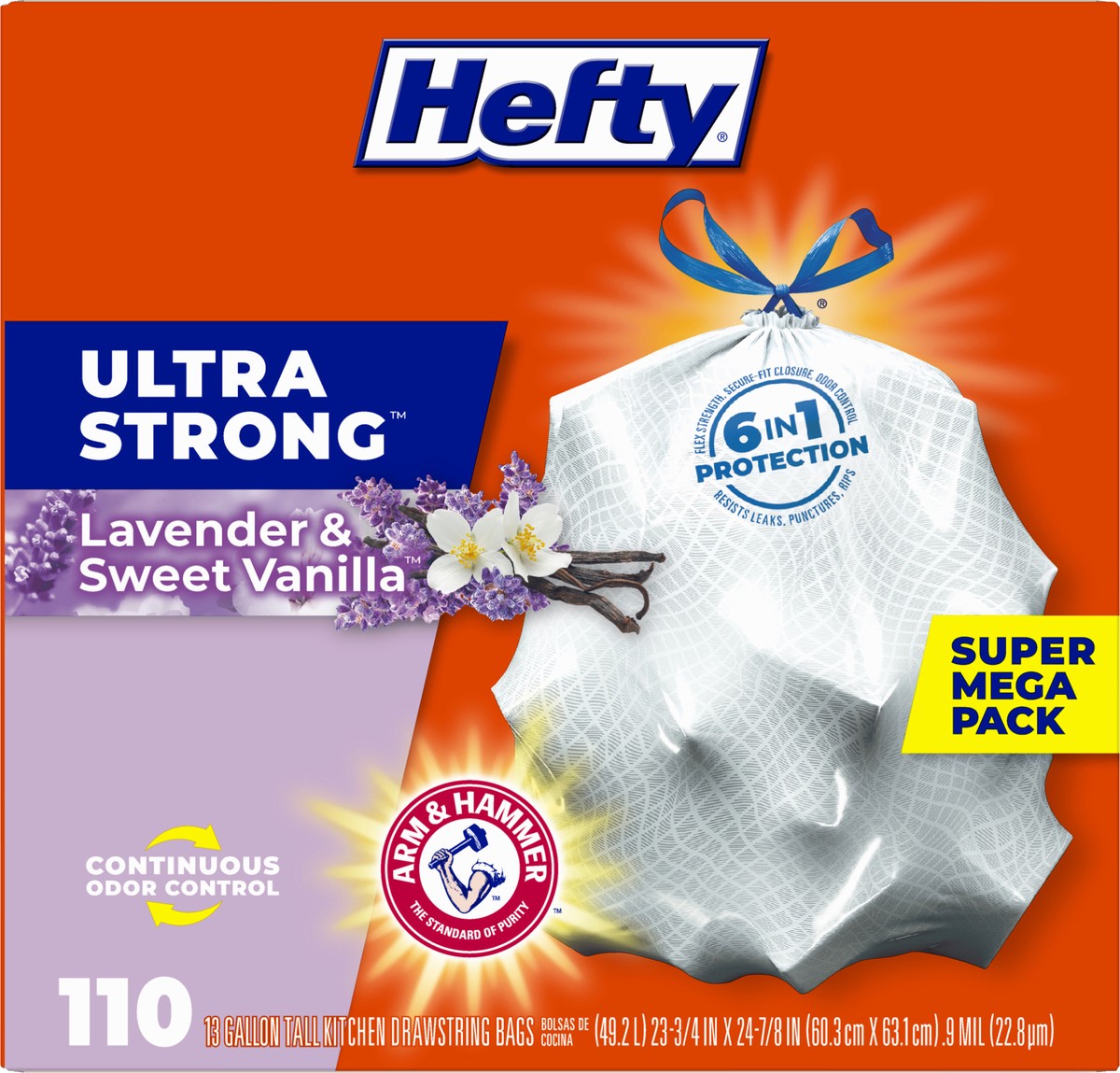 slide 8 of 9, Hefty Ultra Strong 13 Gallons Drawstring Lavender & Sweet Vanilla Tall Kitchen Bags Super Mega Pack 110 ea, 110 ct