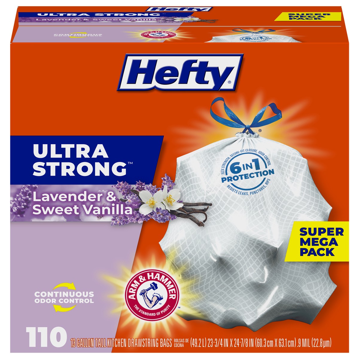 slide 1 of 9, Hefty Ultra Strong 13 Gallons Drawstring Lavender & Sweet Vanilla Tall Kitchen Bags Super Mega Pack 110 ea, 110 ct