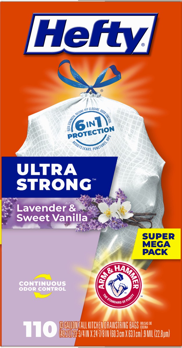 slide 3 of 9, Hefty Ultra Strong 13 Gallons Drawstring Lavender & Sweet Vanilla Tall Kitchen Bags Super Mega Pack 110 ea, 110 ct