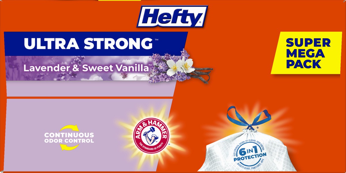 slide 9 of 9, Hefty Ultra Strong 13 Gallons Drawstring Lavender & Sweet Vanilla Tall Kitchen Bags Super Mega Pack 110 ea, 110 ct