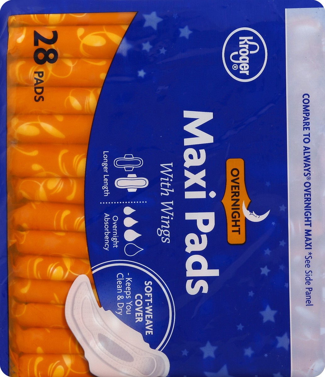 slide 2 of 5, Kroger Overnight With Wings Maxi Pads, 28 ct