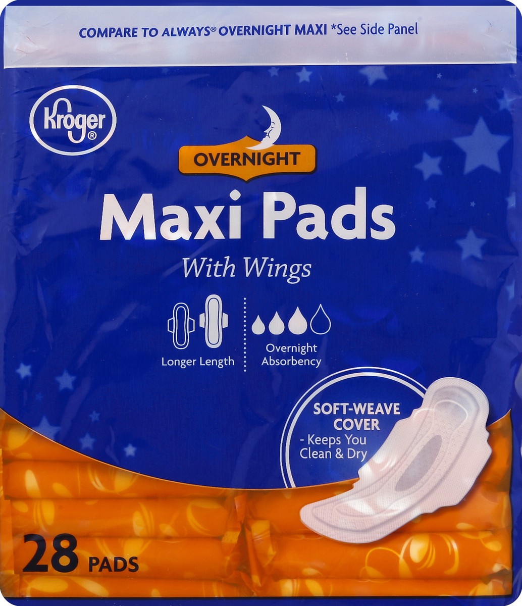 slide 4 of 5, Kroger Overnight With Wings Maxi Pads, 28 ct