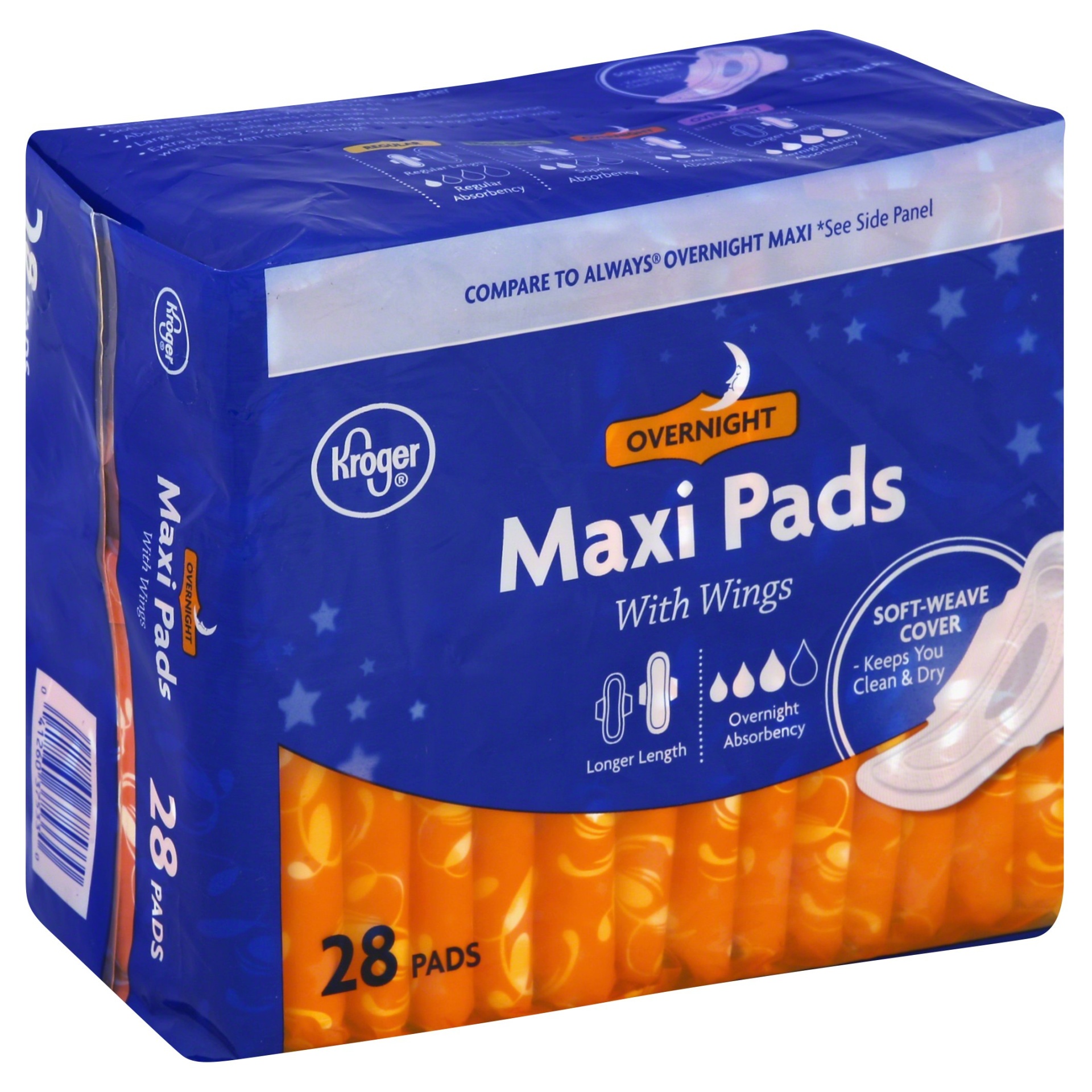 slide 1 of 1, Kroger Overnight With Wings Maxi Pads, 28 ct