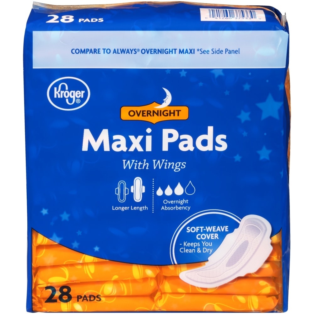 slide 1 of 5, Kroger Overnight With Wings Maxi Pads, 28 ct