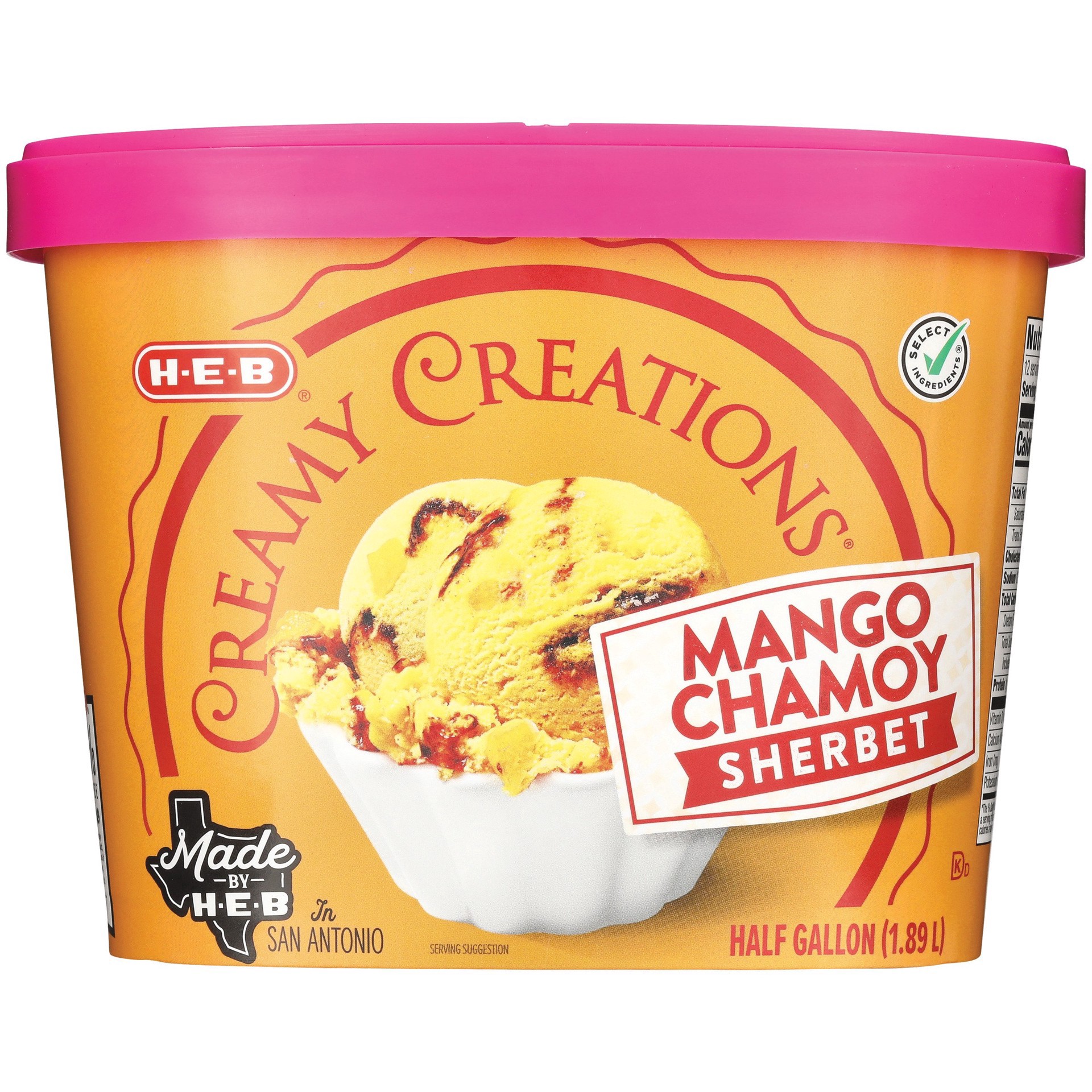 slide 1 of 1, H-E-B Creamy Creations Mango Chamoy Sherbet, 1/2 gal