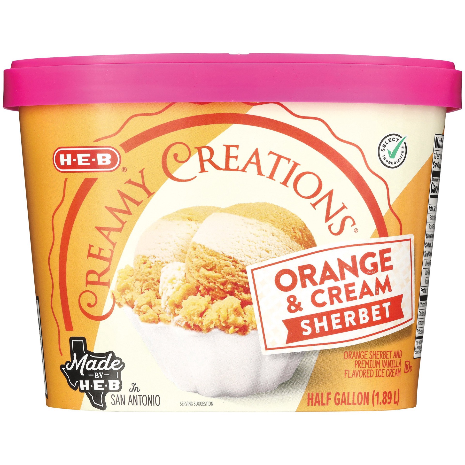 slide 1 of 1, H-E-B Creamy Creations Orange Cream Swirl Sherbet, 1/2 gal