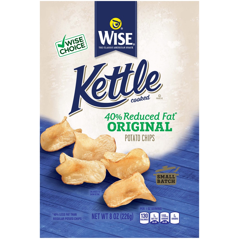 slide 1 of 6, Wise Kettle Cooked 40% Reduced Fat Original Potato Chips, 8 oz