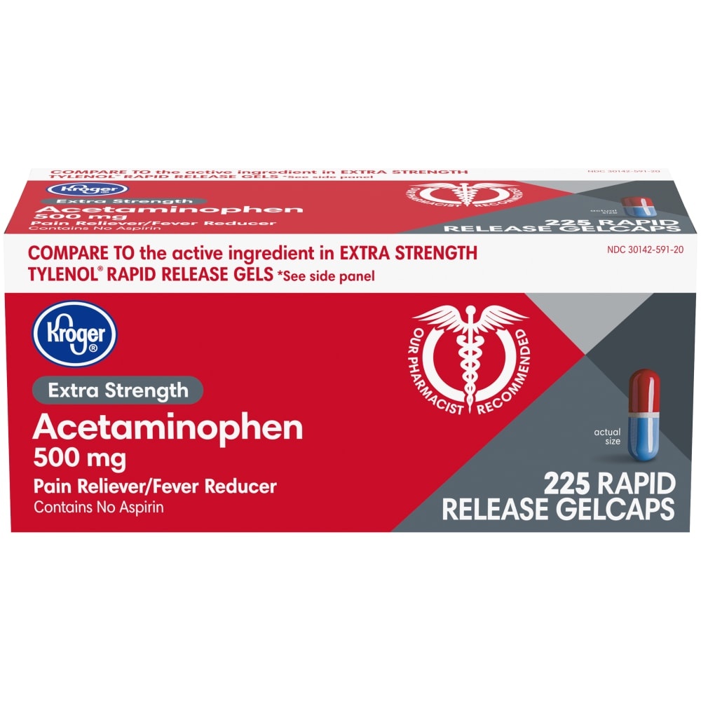 slide 1 of 1, Kroger Extra Strength Acetaminophen Rapid Release Gelcaps, 225 ct