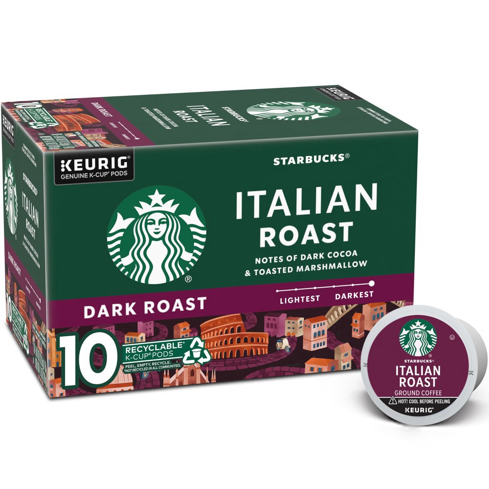 slide 1 of 6, Starbucks Dark Roast Ground 100% Arabica Italian Roast Coffee 10 - 0.38 oz K-Cup Pods, 10 ct
