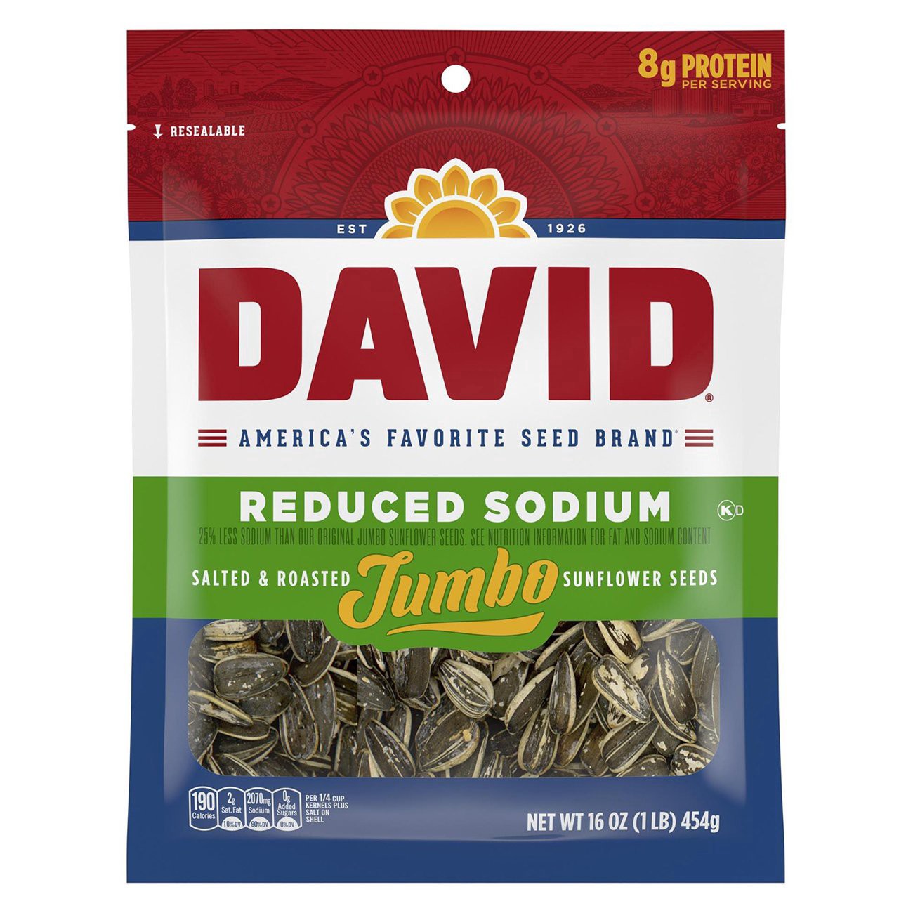 slide 1 of 1, DAVID Roasted and Salted Reduced Sodium Sunflower Seeds, Original Flavor, 16oz., 16 oz