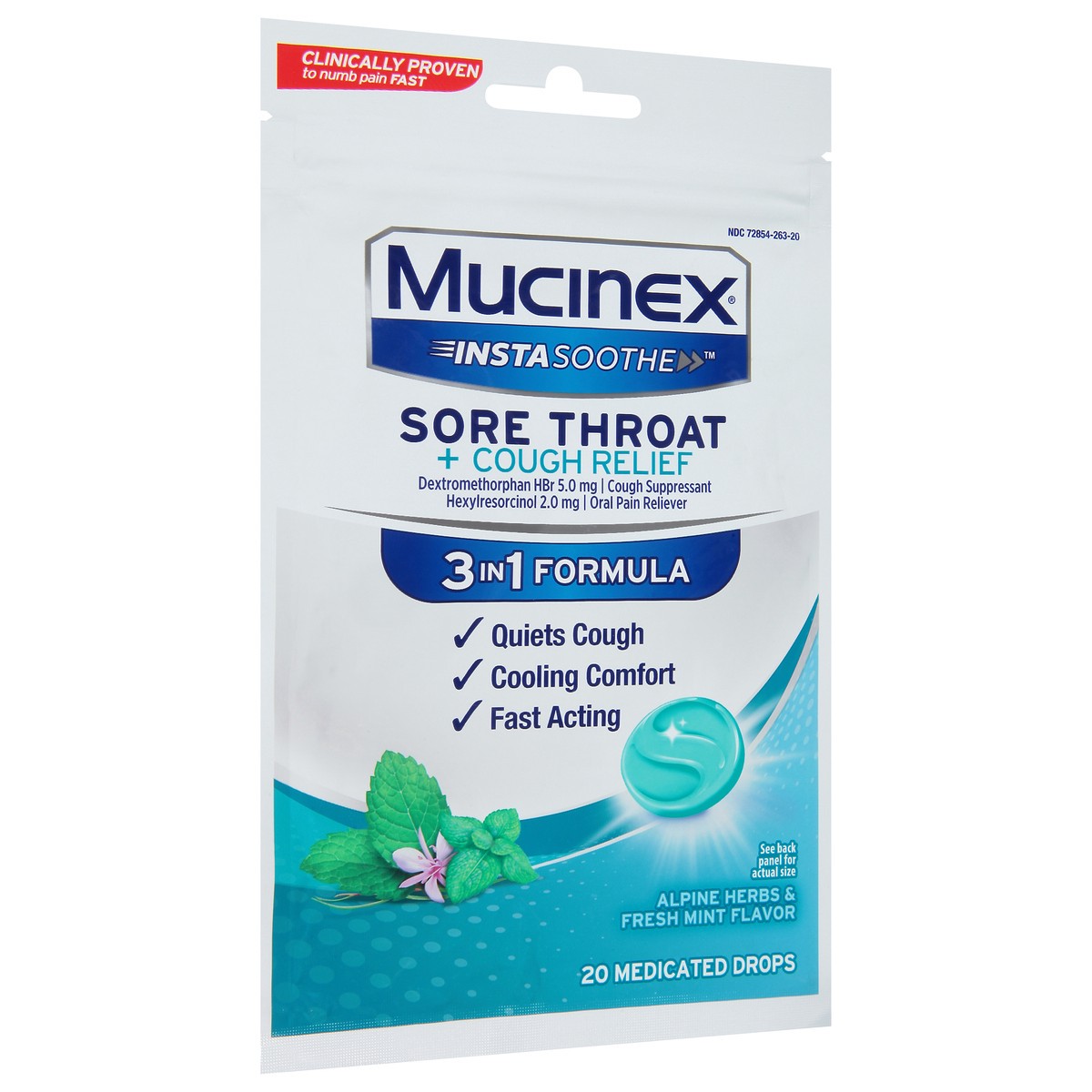 slide 2 of 13, Mucinex InstaSoothe 3 in 1 Formula Alpine Herbs & Fresh Mint Flavor Sore Throat + Cough Relief 20 Medicated Drops, 20 ct