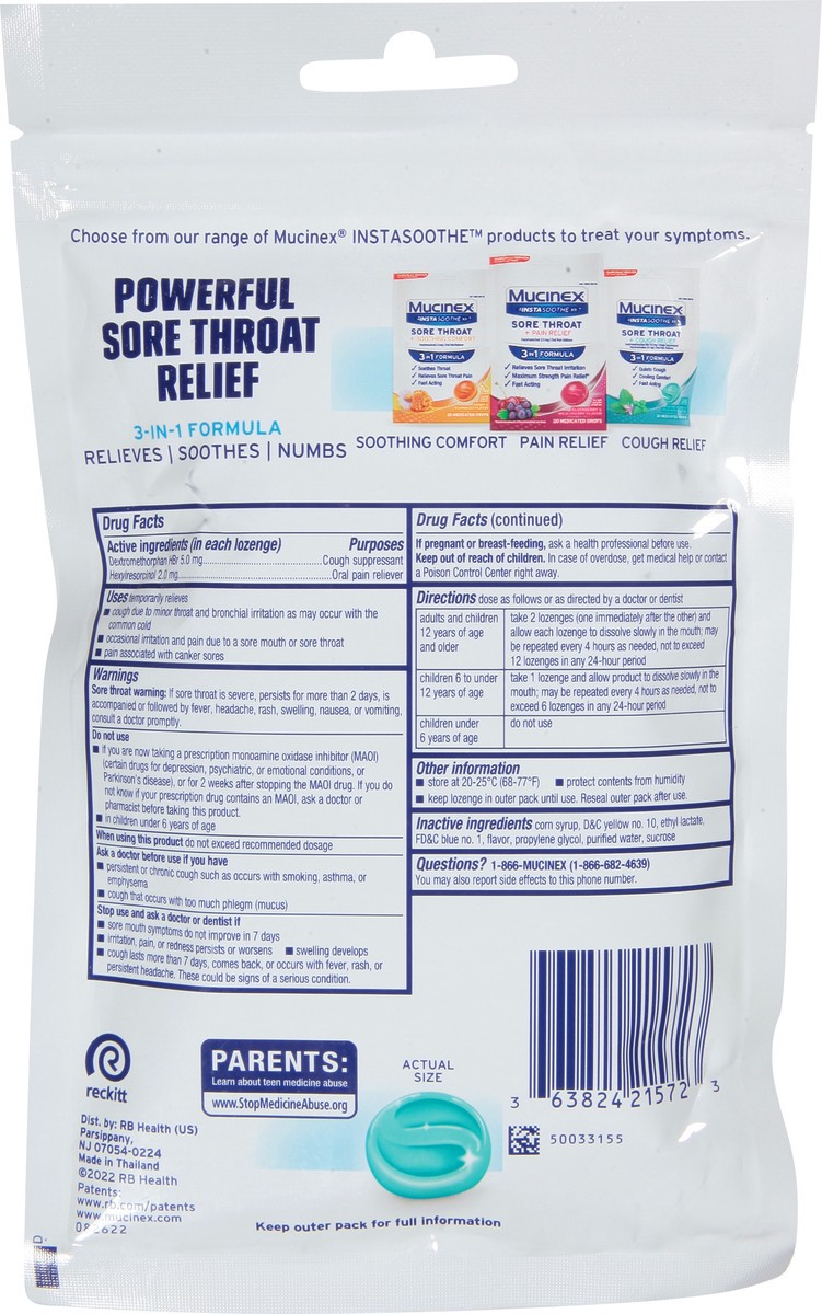 slide 7 of 13, Mucinex InstaSoothe 3 in 1 Formula Alpine Herbs & Fresh Mint Flavor Sore Throat + Cough Relief 20 Medicated Drops, 20 ct