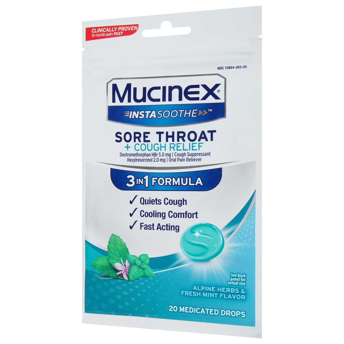 slide 3 of 13, Mucinex InstaSoothe 3 in 1 Formula Alpine Herbs & Fresh Mint Flavor Sore Throat + Cough Relief 20 Medicated Drops, 20 ct