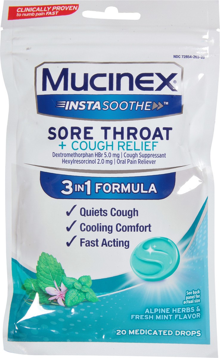 slide 9 of 13, Mucinex InstaSoothe 3 in 1 Formula Alpine Herbs & Fresh Mint Flavor Sore Throat + Cough Relief 20 Medicated Drops, 20 ct