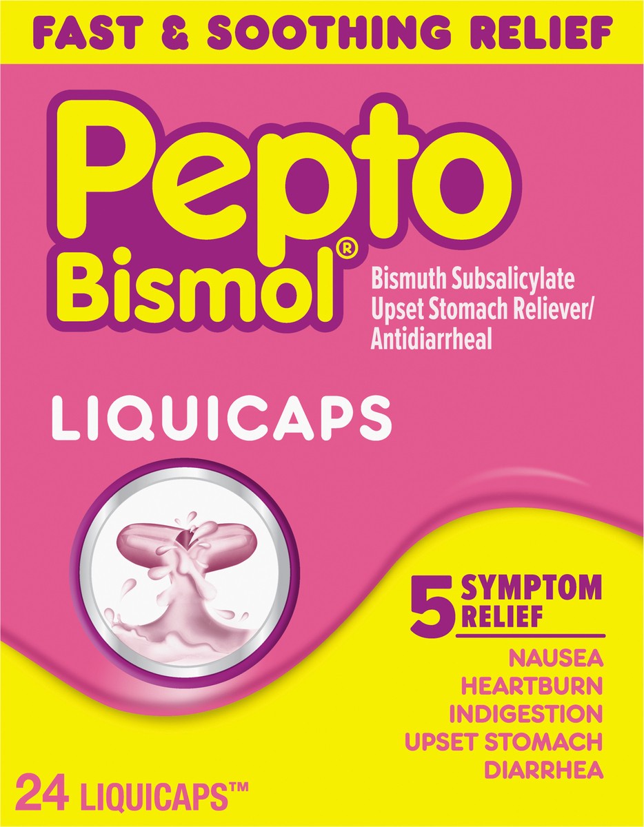 slide 2 of 2, Pepto-Bismol Liquicaps, Upset Stomach Relief, Bismuth Subsalicylate, Multi-Symptom Relief of Gas, Nausea, Heartburn, Indigestion, Upset Stomach, Diarrhea, 24 Liquicaps, 24 ct