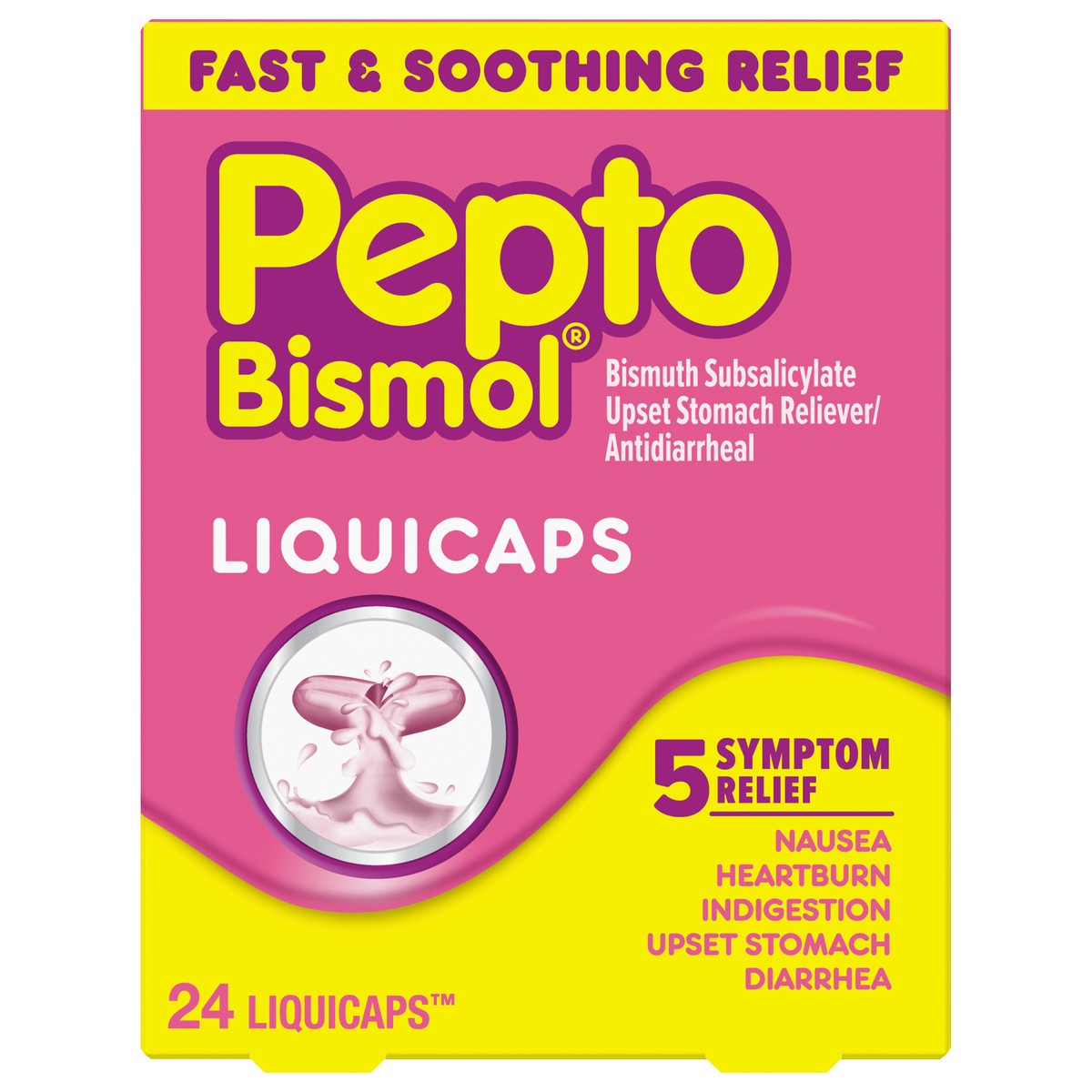 slide 1 of 2, Pepto-Bismol Liquicaps, Upset Stomach Relief, Bismuth Subsalicylate, Multi-Symptom Relief of Gas, Nausea, Heartburn, Indigestion, Upset Stomach, Diarrhea, 24 Liquicaps, 24 ct